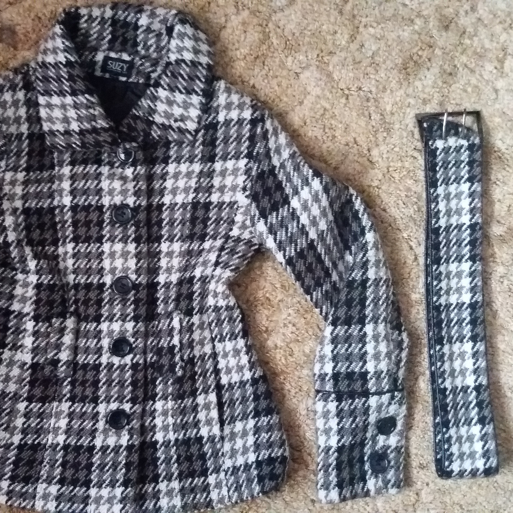 Suzy Shier Fall Winter Houndstooth Plaid Coat